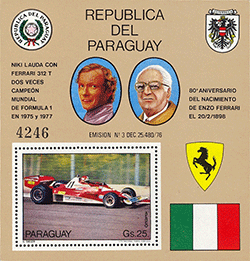 Paraguay 1978 - Hommage à Niki Lauda sur Ferrari 312T et à Enzo Ferrari